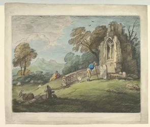 Waldlandschaft mit Bauer, der einen Grabstein liest, rustikale Liebende und verfallene Kirche, 1. August 1797