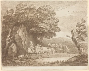 Bewaldete Landschaft mit zwei Landkarren und Figuren