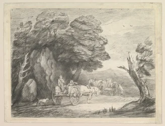 Waldlandschaft mit zwei Landkarren und Figuren, 1. August 1797