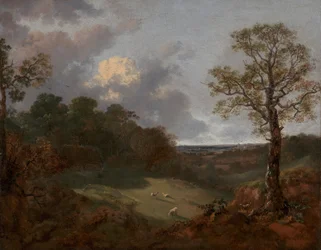 Bewaldete Landschaft mit Hütte und Schäfer