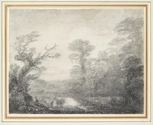 Waldlandschaft mit Hirten, Kühen und Kirchturm