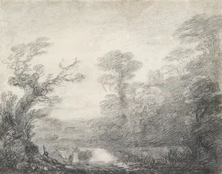 Waldlandschaft mit Hirten, Kühen und Kirchturm