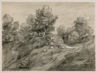 Bewaldete Hochlandlandschaft mit einem Hirten und Schafen sowie einem um eine Anhöhe gewundenen Landweg