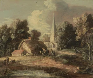 Landschaft mit Hütte und Kirche