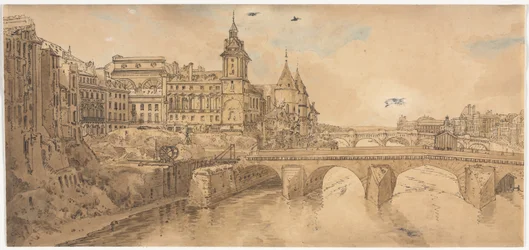 Eine Auswahl von zwanzig der malerischsten Ansichten in Paris: Ansicht von Pont au Change, dem Stadttheater, Pont Neuf, Conciergerie-Gefängnis, und aufgenommen von Pont Notre Dame