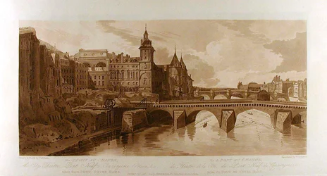 Blick auf den Pont au Change, das Stadttheater, den Pont Neuf, das Gefängnis Conciergerie usw., vom Pont Notre-Dame aus gesehen