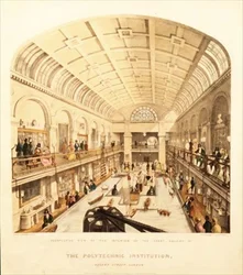 Innenansicht der Großen Galerie am Polytechnischen Institut, Regent Street, ca. 1838 (Farblithografie)