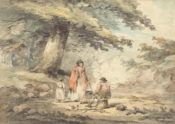 Bewaldete Landschaft mit Figuren um einen Kochtopf