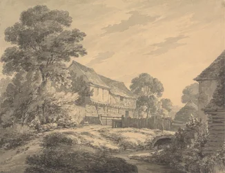 Bauernhaus und Gebäude an einem Bach
