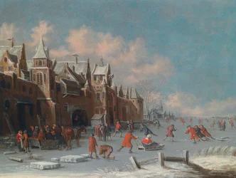 Schlittschuhläufer auf dem Eis vor den Toren einer niederländischen Stadt