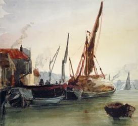 Ansicht von Booten, die auf der Themse bei Bankside, Southwark, London, vertäut sind, ca. 1830.