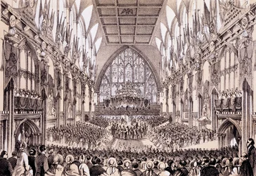 Innenansicht der Guildhall - Der Lord Mayor und die Corporation überreichen ihre Adresse an den Kaiser und die Kaiserin von Frankreich, 19. April 1855