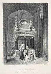 Grabmal Königin Elisabeths I. aus „Londoner Innenräume mit ihren Kostümen und Zeremonien“, veröffentlicht von Joseph Mead, London, um 1843
