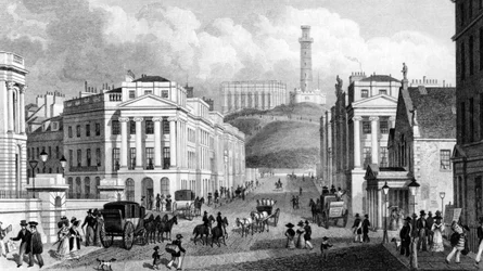Waterloo Place, die National- und Nelson-Denkmäler und Calton Hill, Edinburgh, graviert von Thomas Barber, 1829