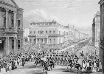 Wellingtons Trauerzug passiert den Senior United Service Club, Pall Mall, London, 1852