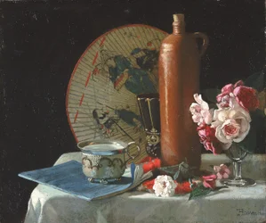 Stillleben mit Fächer und Rosen