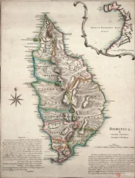 Farbkarte von Dominica mit detaillierten geografischen Beobachtungen, ca. 1760