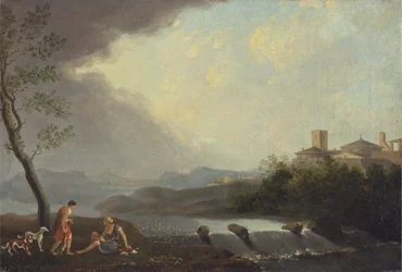 Eine imaginäre italienische Landschaft mit klassischen Figuren und einem Wasserfall