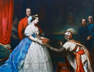 Königin Victoria überreicht in der Audienzkammer in Windsor eine Bibel, um 1861