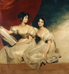 Doppelporträt der Schwestern Fullerton, ganzfigurig sitzend in weißen Kleidern, ca. 1825