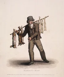 Kaninchenverkäufer mit einem Stock voller Kaninchen, 1820