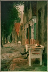Straße mit Mädchen auf der Bank