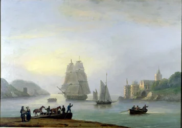 Eine Brigg fährt in den Hafen von Dartmouth ein, mit einer Fähre im Vordergrund, 1828