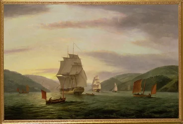 Eine Fregatte, ein Lugger und ein Handelsschiff im Hafen von Dartmouth, 1808