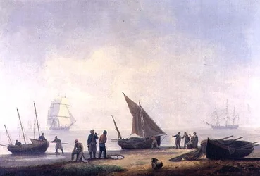 Fischerleute am Strand, mit Schiffen vor der Küste