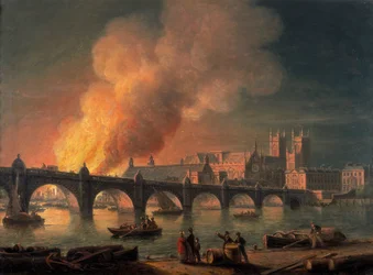Westminster Bridge und der Brand der Houses of Parliament von Lambeth, 1835