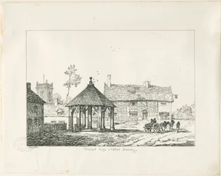 Abbots Bromley - Tudor-Marktkreuz und Haus: Feder- und Tintenzeichnung