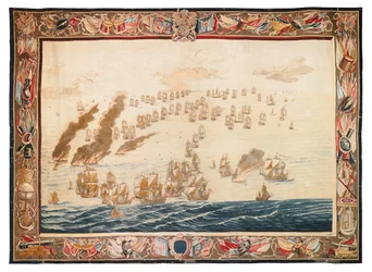 Historischer Wandteppich der Schlacht bei Solebay, Mortlake, Entwürfe zugeschrieben William van de Velde, ca. 1688