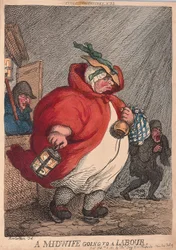 Eine Hebamme geht zu einer Geburt, veröffentlicht 1811 (handkolorierter Stich)