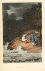 Cornelian Bay: Regency-Frauen bei einem Picknick werden von einem plötzlichen Sturm überrascht. Handkolorierte Kupferstichgravur von Thomas Rowlandson, Aquatinta von J.C. Stadler, nach einer Skizze von J. Green aus Poetical Sketches of Scarborough, Ackerma