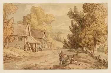 Landhaus und Scheune mit Figuren, die am Rand einer Landstraße rasten
