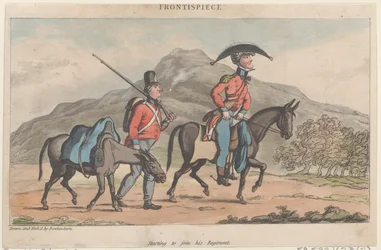 Frontispiz: Beginn seines Regiments, aus Die militärischen Abenteuer von Johnny Newco..., 1815