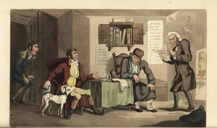 Johnny im Dienst von Jacob Levi, dem Geldverleiher. Handkolorierte Kupferstichgravur von Thomas Rowlandson aus William Combes Die Geschichte von Johnny Quae Genus, der kleine Gefundene des verstorbenen Doktor Syntax.