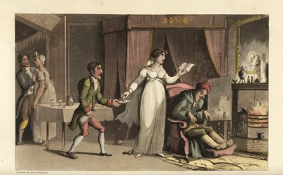 Johnny im Dienst des Geizhalses John Squeeze und seiner vorsichtigen Nichte Amelia Squeeze. Johnny bringt ein Glas Medizin für den sterbenden alten Mann. Handkolorierte Kupferstichgravur von Thomas Rowlandson aus William Combes The History of Johnny Quae G