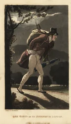 Johnny geht auf der mondbeschienenen Straße nach London. Er hat einen Rucksack mit einer Geige, ein Buch in seiner Manteltasche und trägt einen Regenschirm. Handkolorierte Kupferstichgravur von Thomas Rowlandson aus William Combes Die Geschichte von Johnny