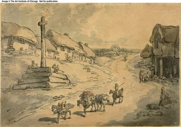 Landschaft mit Wegkreuz und Hütten