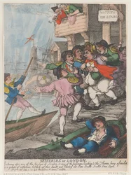 Miseren von London: Betreten einer der Brücken von London oder einer der Zugänge zur Themse, belästigt von einer Gruppe von Wasserleuten, die ihre Hände heben und rufen. Ruder. Skulls. Skulls. Ruder. Ruder.