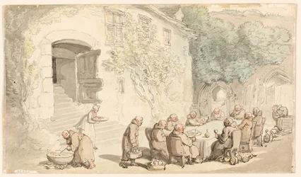 Mönche speisen im Freien (recto); Dorfstraße (verso)