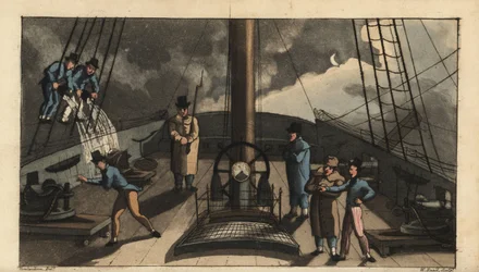 Marine-Ritual, Dogfish Bark: Johnny wird an Deck geschickt, um auf das Bellen eines Hundsfisches zu hören, nur um von Eimern Wasser aus der Takelage durchnässt zu werden. Handkolorierter Kupferstich von W. Read nach einer Illustration von Thomas Rowlandson