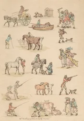 Satz von sechzehn: Umrisse von Figuren und Landschaften