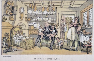 Der Doktor, der Kinder betreut - in „Die drei Reisen des Doktor Syntax: auf der Suche nach dem malerischen Trost und einer Frau“ von William Combe, ill. Rowlandson