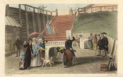 Die Spa-Brunnen: Touristen trinken das Heilwasser aus den Brunnen in Scarborough Spaw. Handkolorierter Kupferstich von Thomas Rowlandson, Aquatinta von J. C. Stadler, nach einer Skizze von J. Green aus Poetical Sketches of Scarborough, Ackermann, London