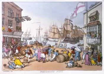 Der Bezirk Portsmouth, Karikatur, die Aktivitäten dieses englischen Hafens beschreibend