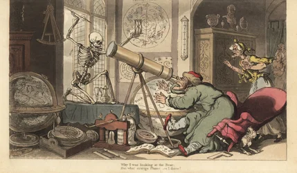 Der Skeletttod erscheint vor dem Teleskop des alten Astronomen und bringt ihn dazu, aus seinem Stuhl zu fallen. Handkolorierte Kupferplatte gezeichnet und graviert von Thomas Rowlandson aus The English Dance of Death, Ackermann, London