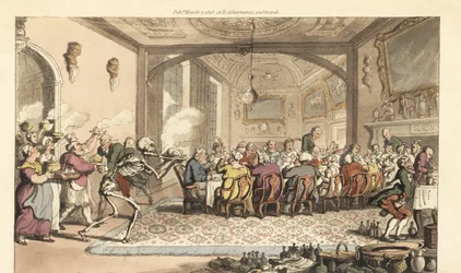 Der Skeletttod bringt ein tödliches Leckerbissen zu einem gefräßigen Fest in einer großen Halle. Handkolorierte Kupferplatte gezeichnet und graviert von Thomas Rowlandson aus The English Dance of Death, Ackermann, London