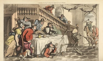 Der Tod kommt für einen Jäger, der sich nach einer Fuchsjagd unter einem Tisch versteckt. Handkolorierte Kupferplatte, gezeichnet und graviert von Thomas Rowlandson aus The English Dance of Death, Ackermann, London
